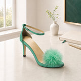 Auristella leather ankle-strap high-heel sandals with feather pom-pom for women, view 1 of 3