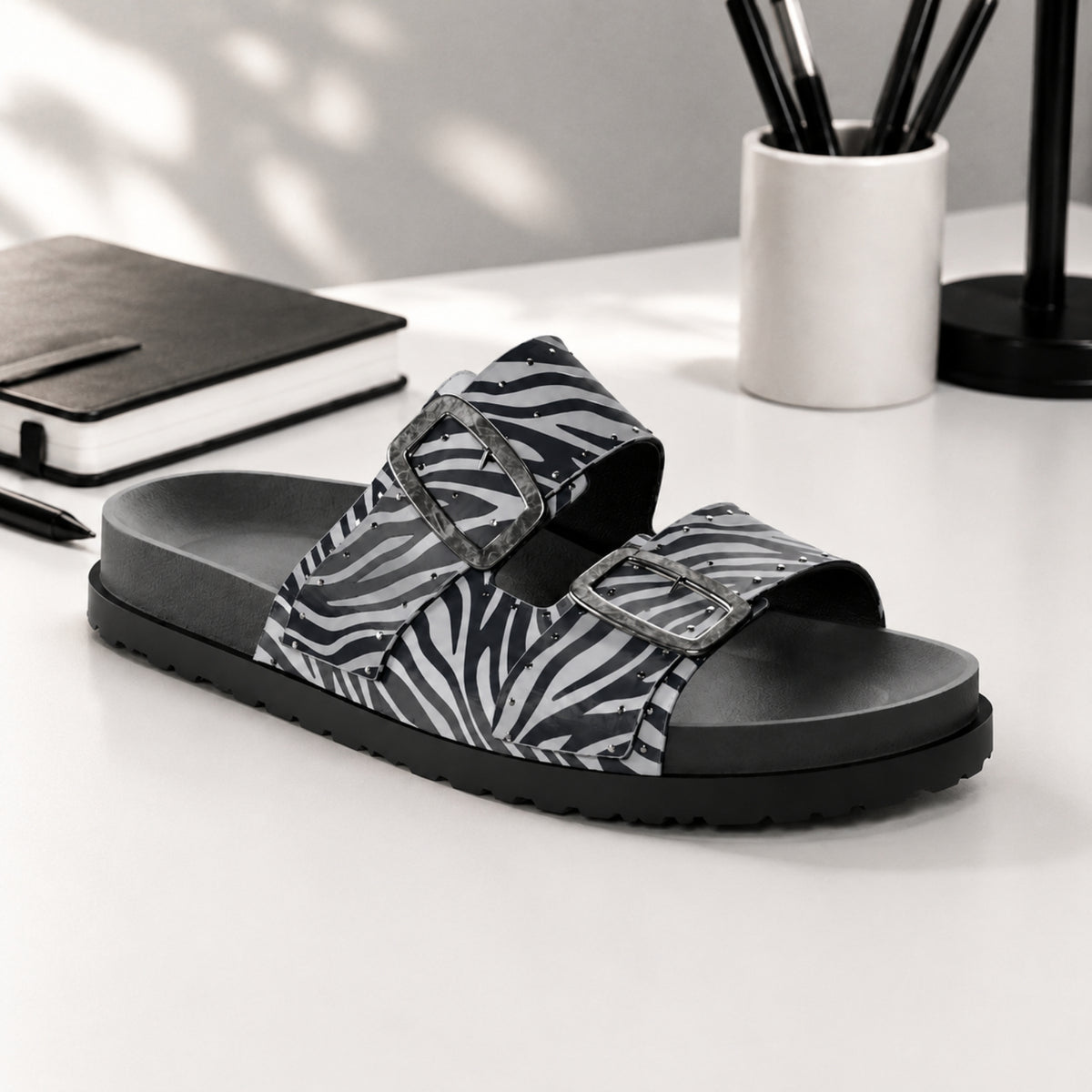 Fulgenta zebra-print nappa leather double-strap slide sandals for women, view 1 of 3