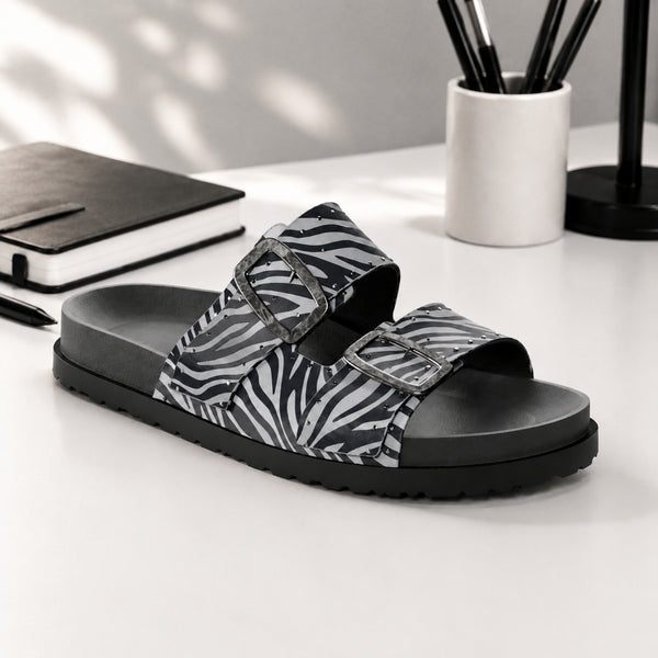 Fulgenta zebra-print nappa leather double-strap slide sandals for women, view 1 of 3