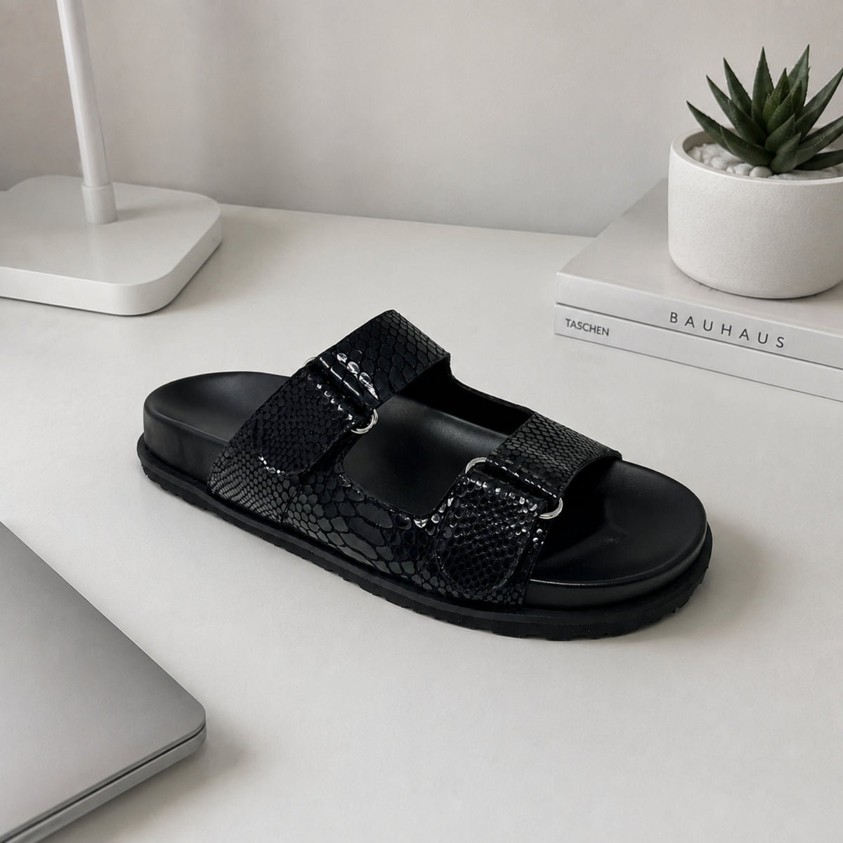 Quarique snake-embossed nappa leather double-strap slide sandals for women, view 1 of 3