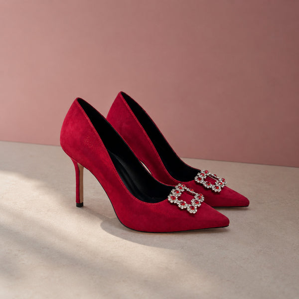 Palestra suede crystal-brooch stiletto pumps for women, view 2 of 3