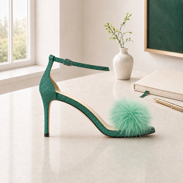 Auristella leather ankle-strap high-heel sandals with feather pom-pom for women, view 2 of 3