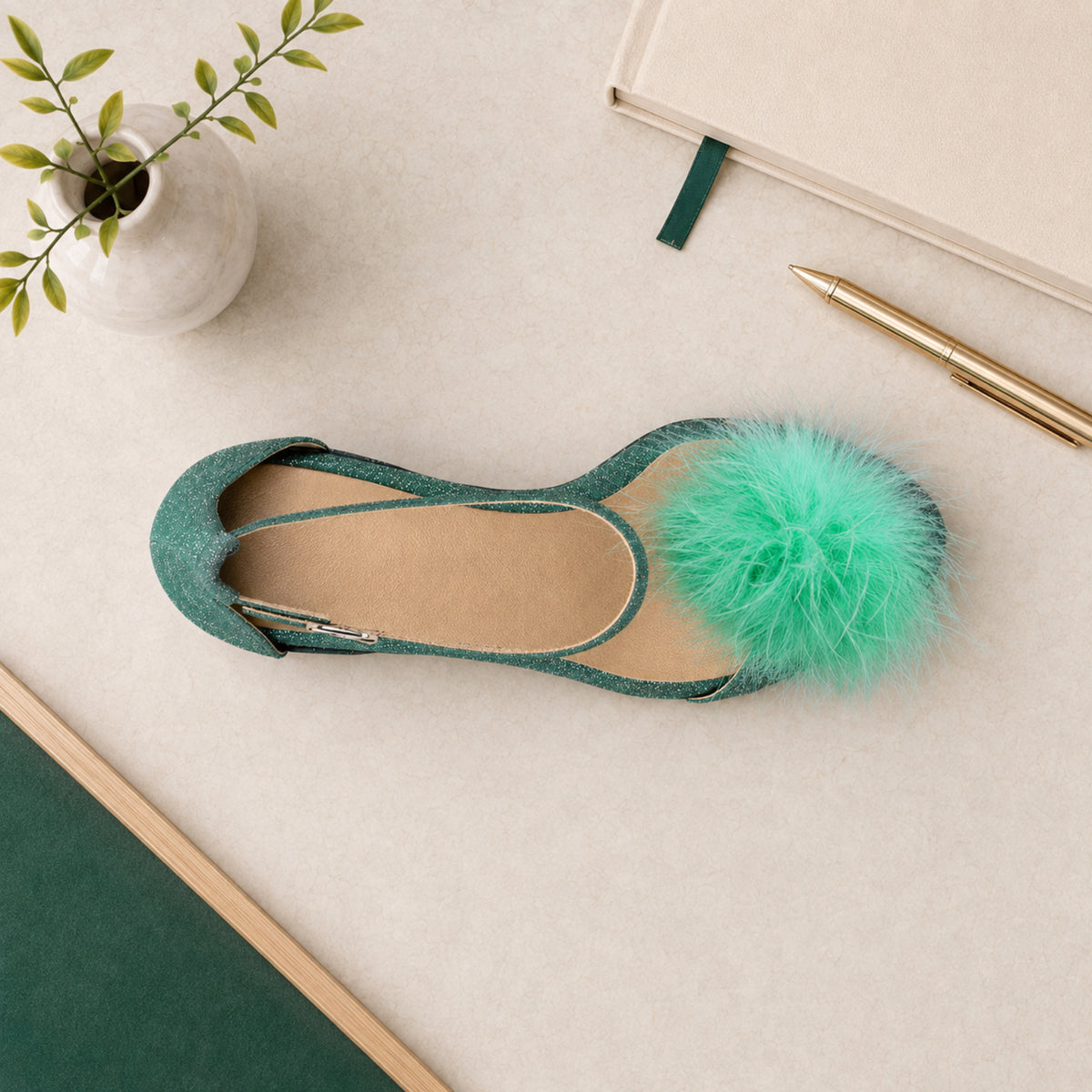 Auristella leather ankle-strap high-heel sandals with feather pom-pom for women, view 3 of 3