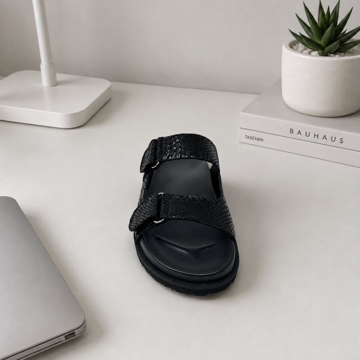 Quarique snake-embossed nappa leather double-strap slide sandals for women, view 2 of 3