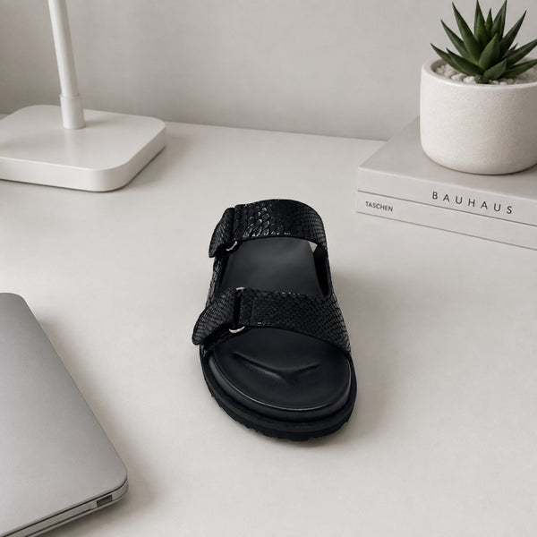 Quarique snake-embossed nappa leather double-strap slide sandals for women, view 2 of 3