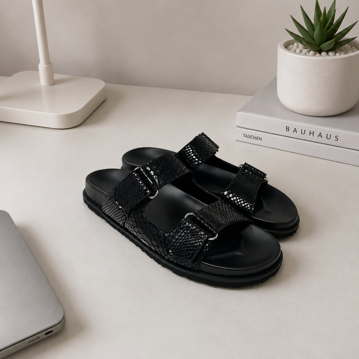 Quarique snake-embossed nappa leather double-strap slide sandals for women, view 3 of 3
