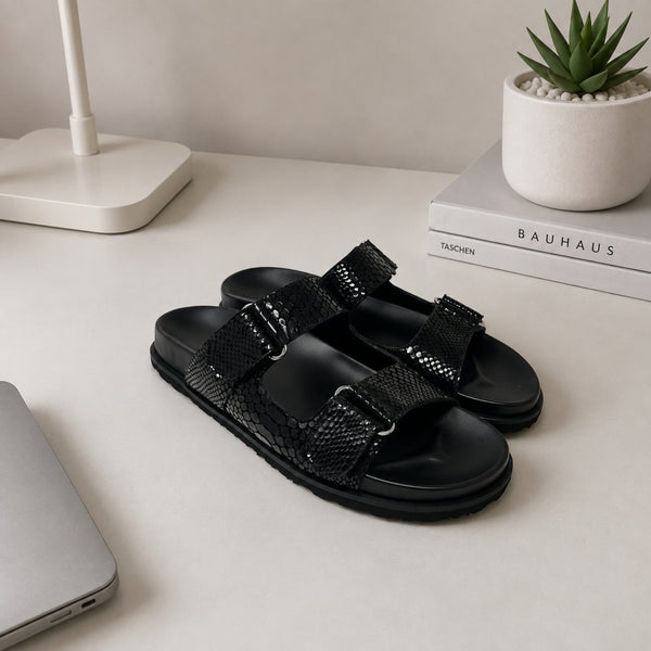 Quarique snake-embossed nappa leather double-strap slide sandals for women, view 3 of 3