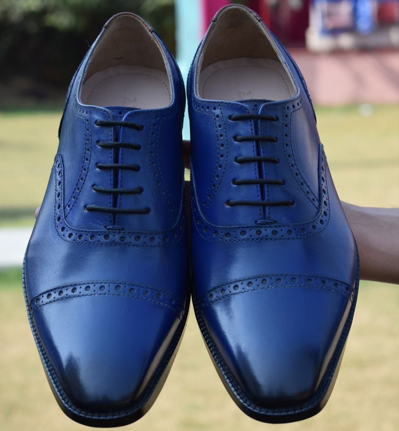 Granti - Handmade brogue blue leather oxford dress shoes