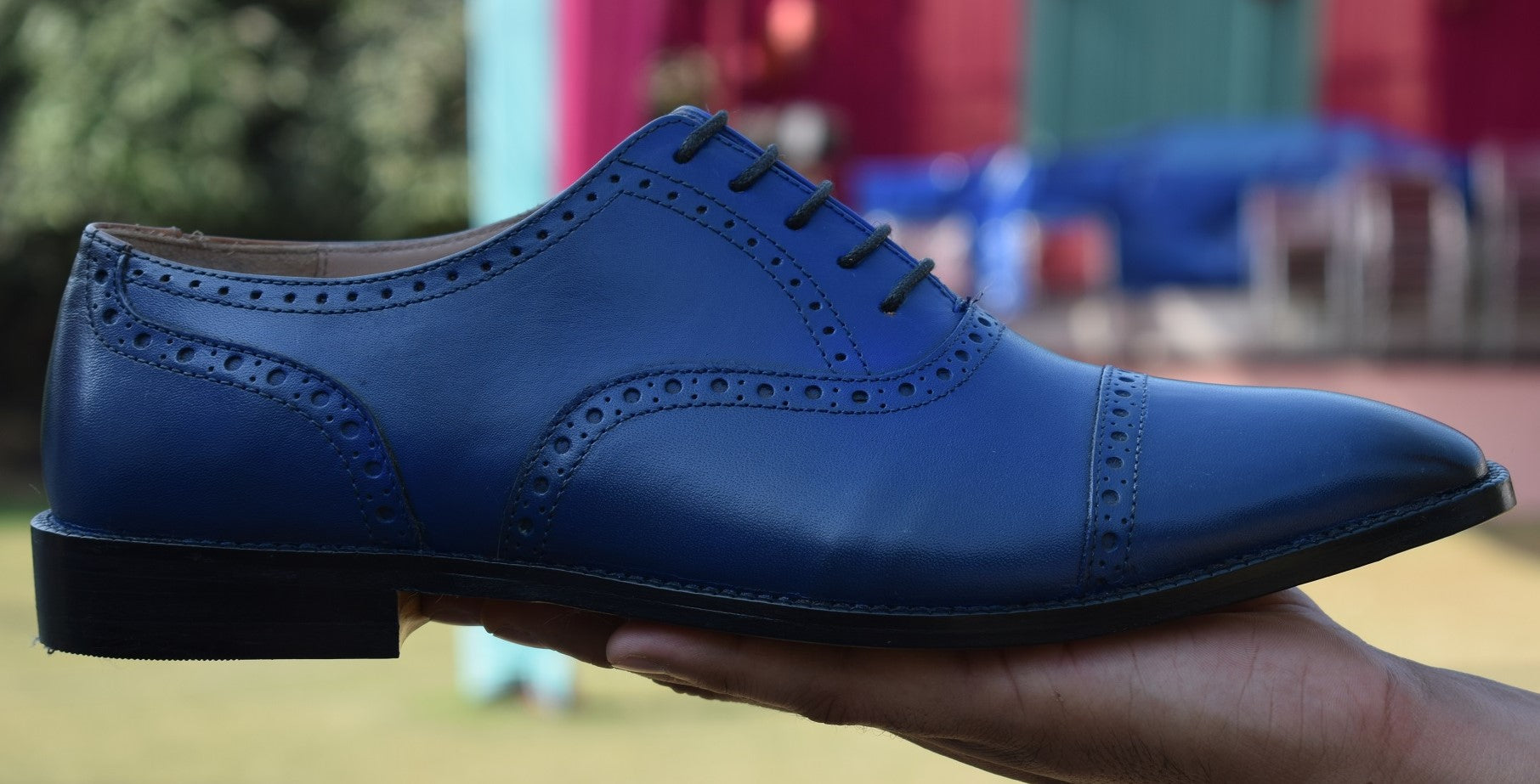 Granti - Handmade brogue blue leather oxford dress shoes