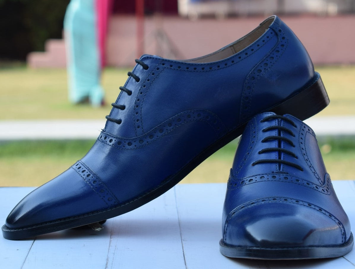 Granti - Handmade brogue blue leather oxford dress shoes