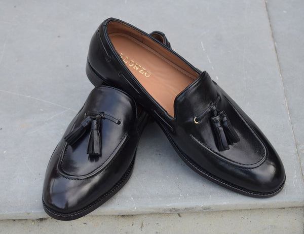 Adam  - Handmade Black leather tassel Loafers for men
