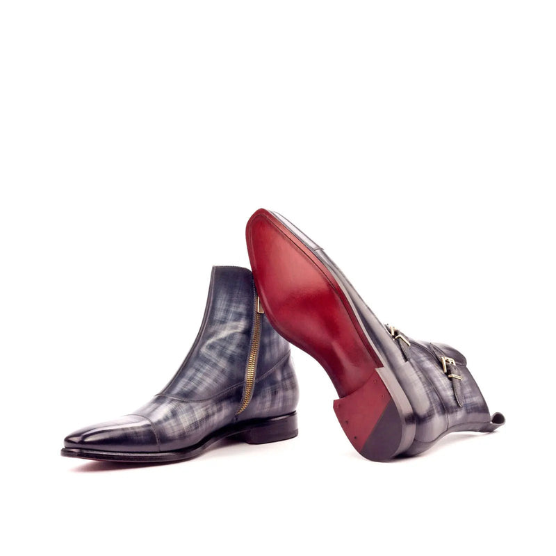 Varium - Red bottoms Grey Hand-Painted Patina Buckle Boots with zipper