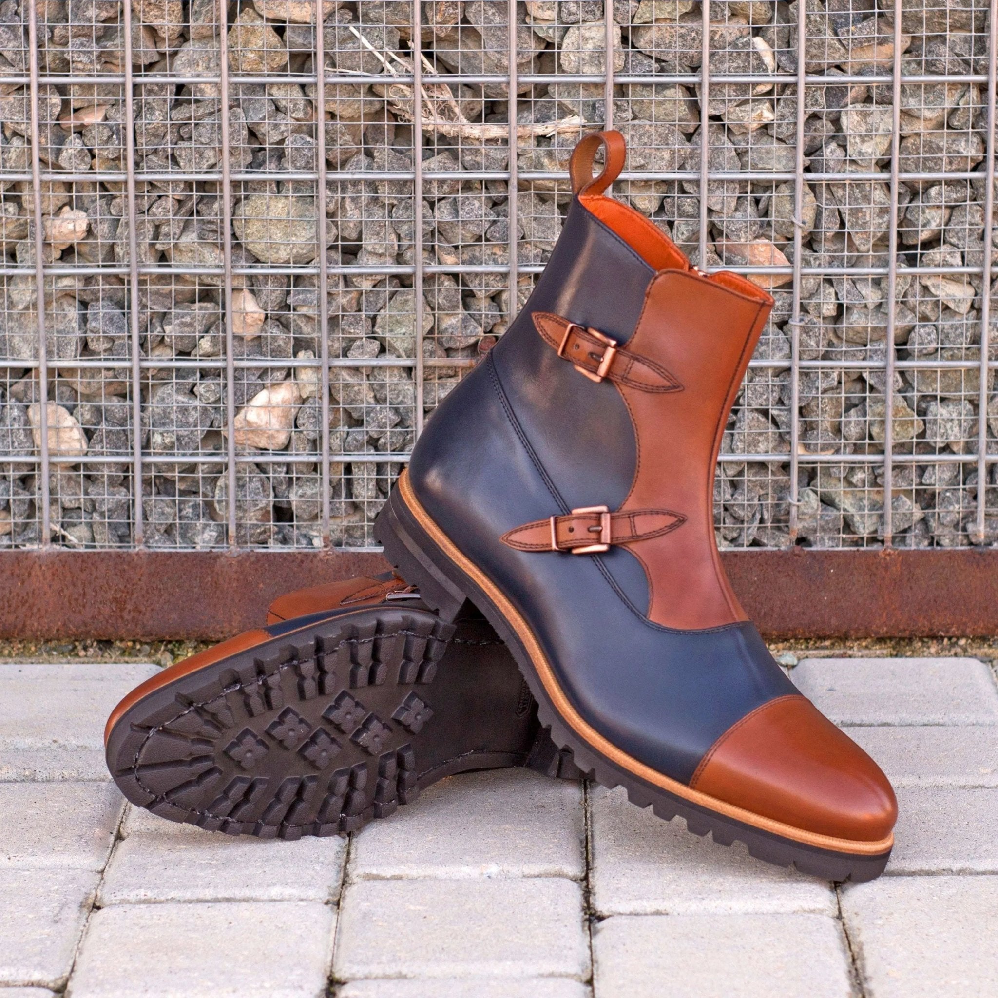 Varium - Two tone brown & navy Leather Buckle Boots for men