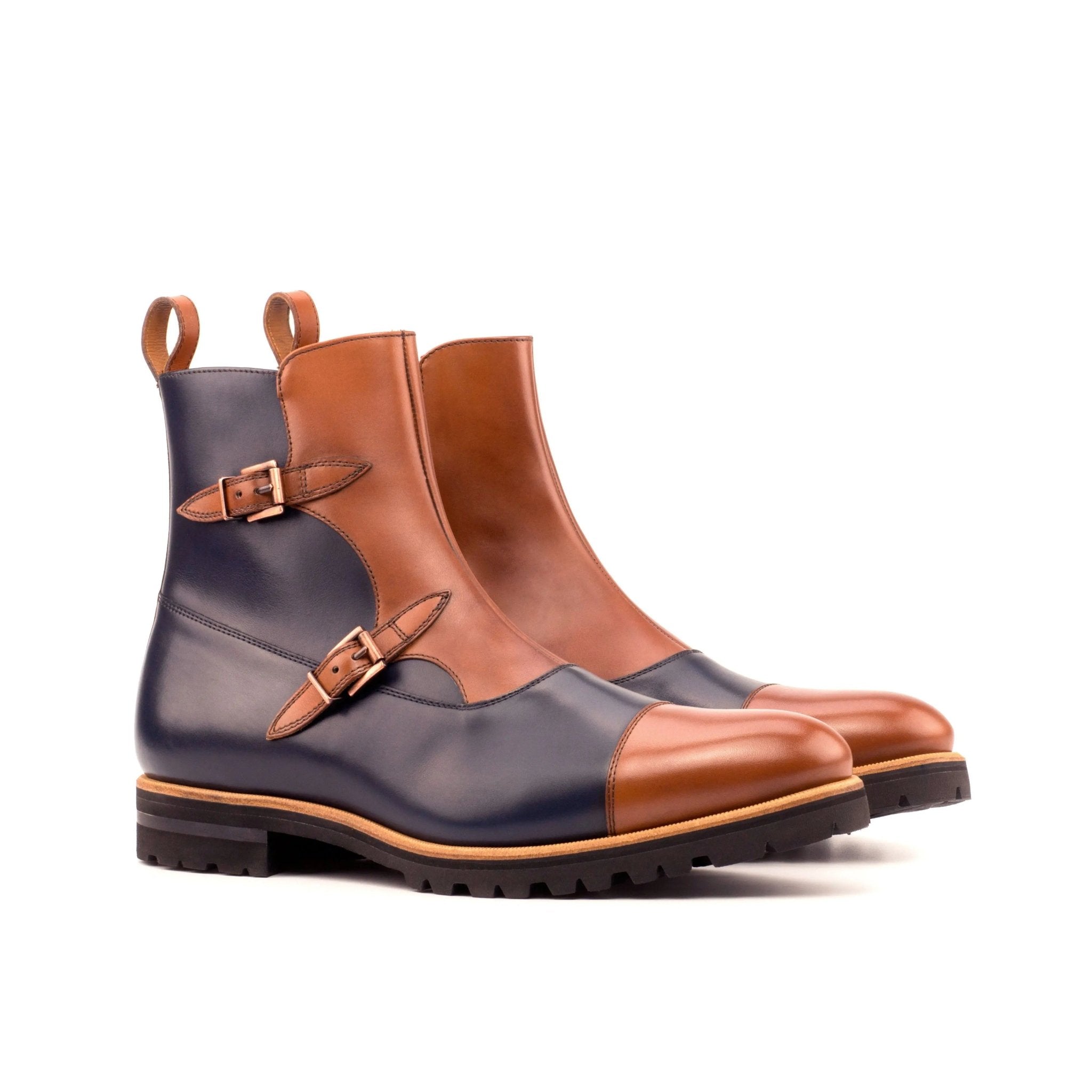 Varium - Two tone brown & navy Leather Buckle Boots for men