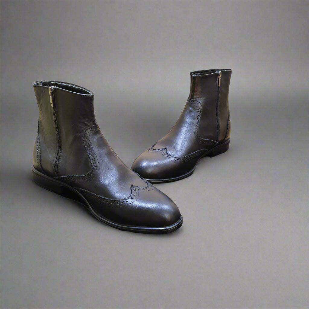 Signature Boots2 - Elegant leather broguing boots with zipper closure