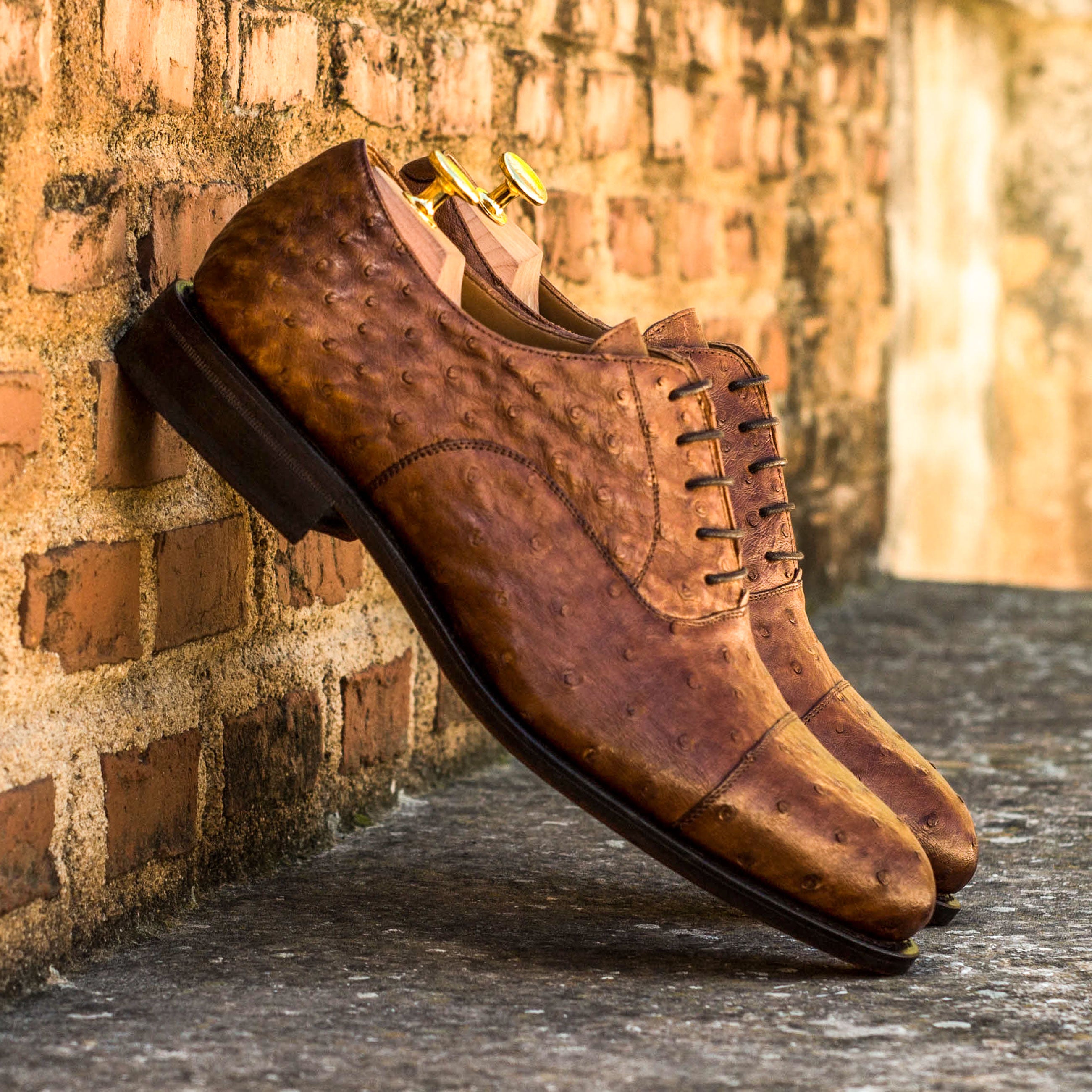 Lutini - Exotic ostrich skin leather red bottoms oxford shoes