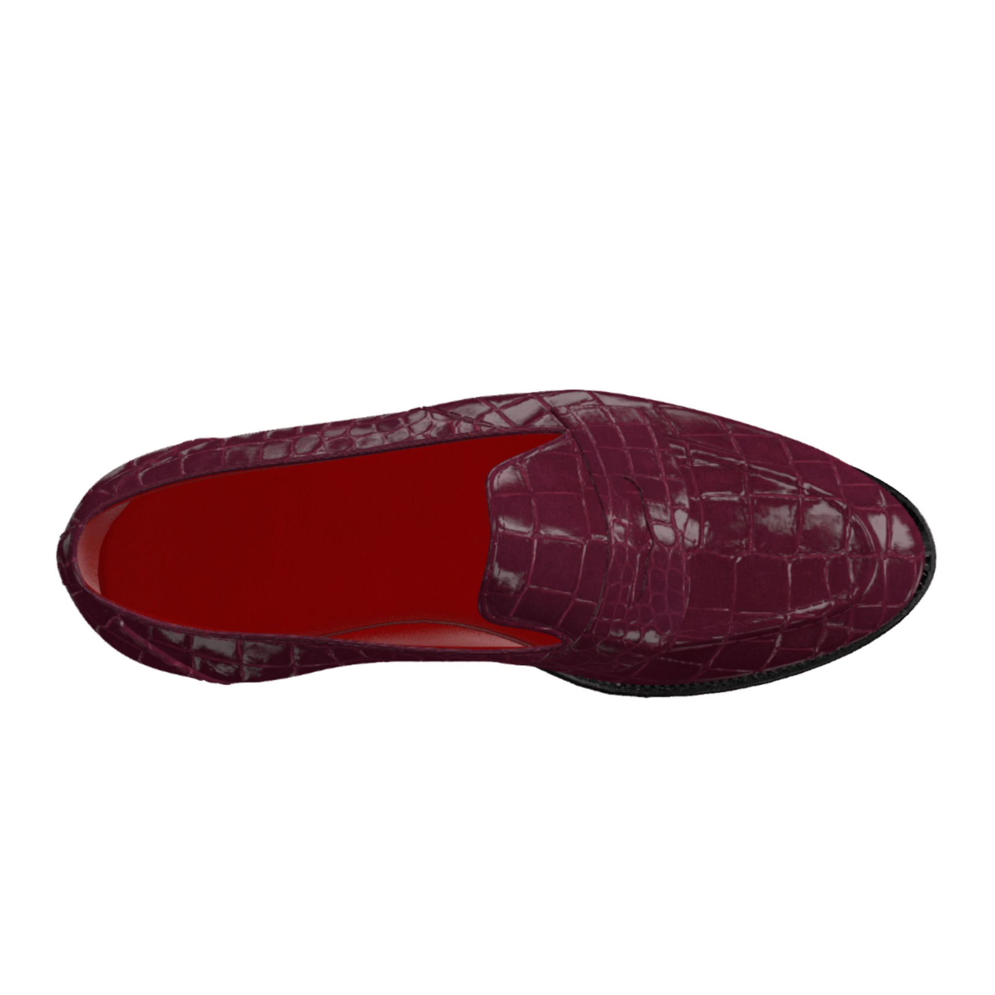 Purple crocodile-patterned shoe with a red sole on a white background