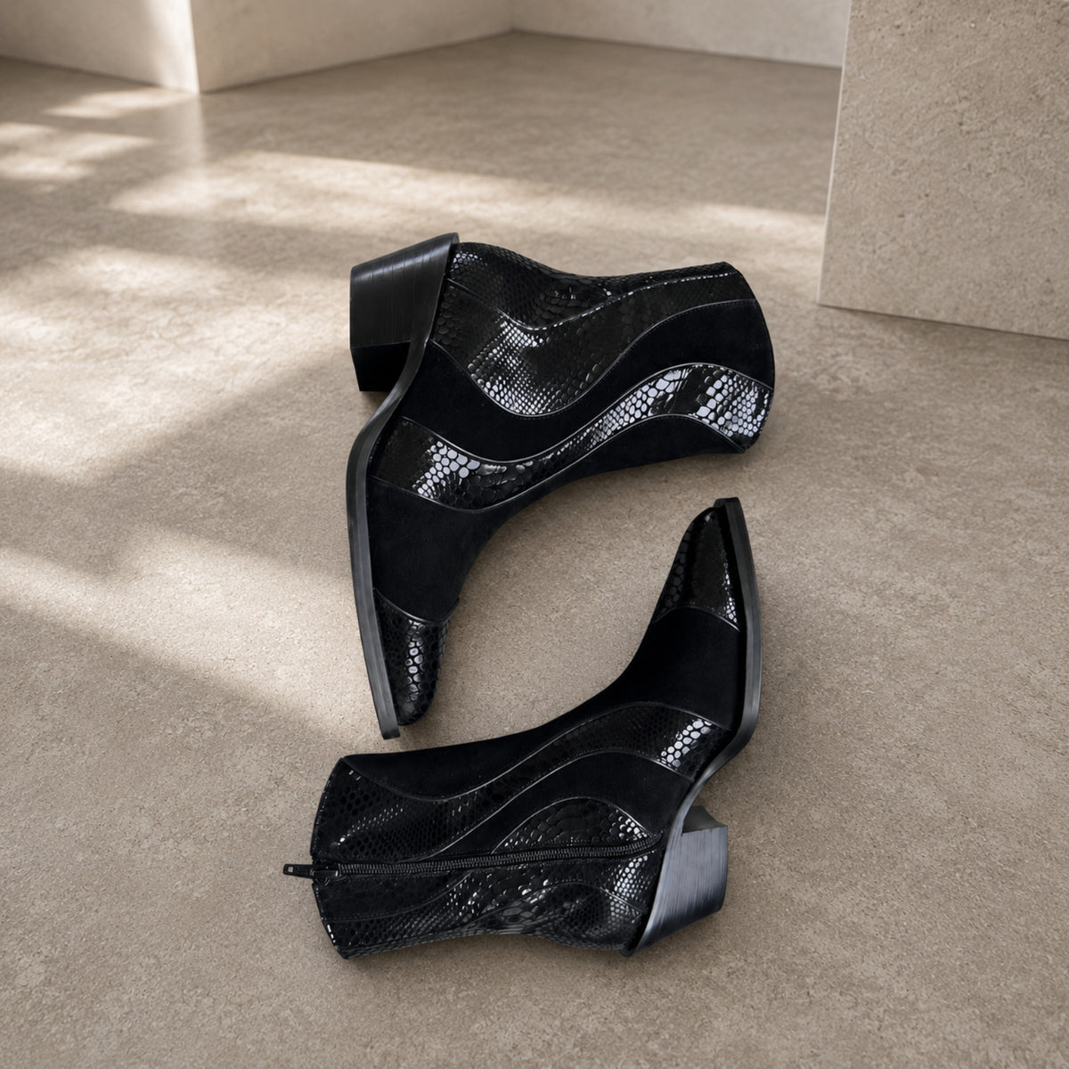 Helario suede western ankle boots with snake-print panels for women, view 2 of 3