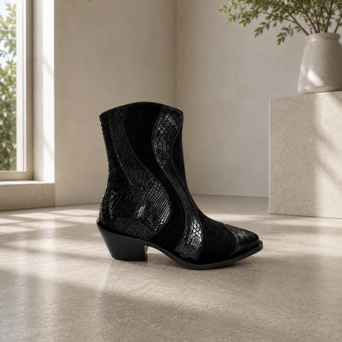 Helario suede western ankle boots with snake-print panels for women, view 3 of 3