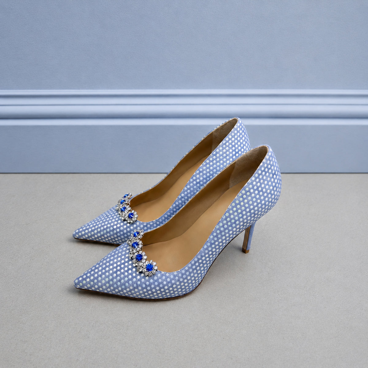 Marquista polka-dot leather stiletto pumps with crystal buckle for women, view 2 of 3