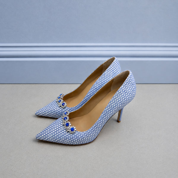 Marquista polka-dot leather stiletto pumps with crystal buckle for women, view 2 of 3