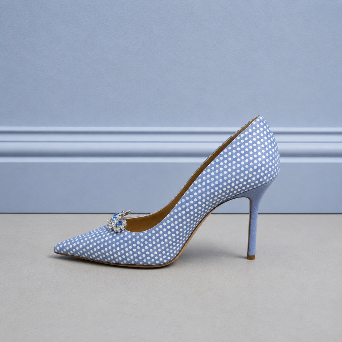 Marquista polka-dot leather stiletto pumps with crystal buckle for women, view 3 of 3