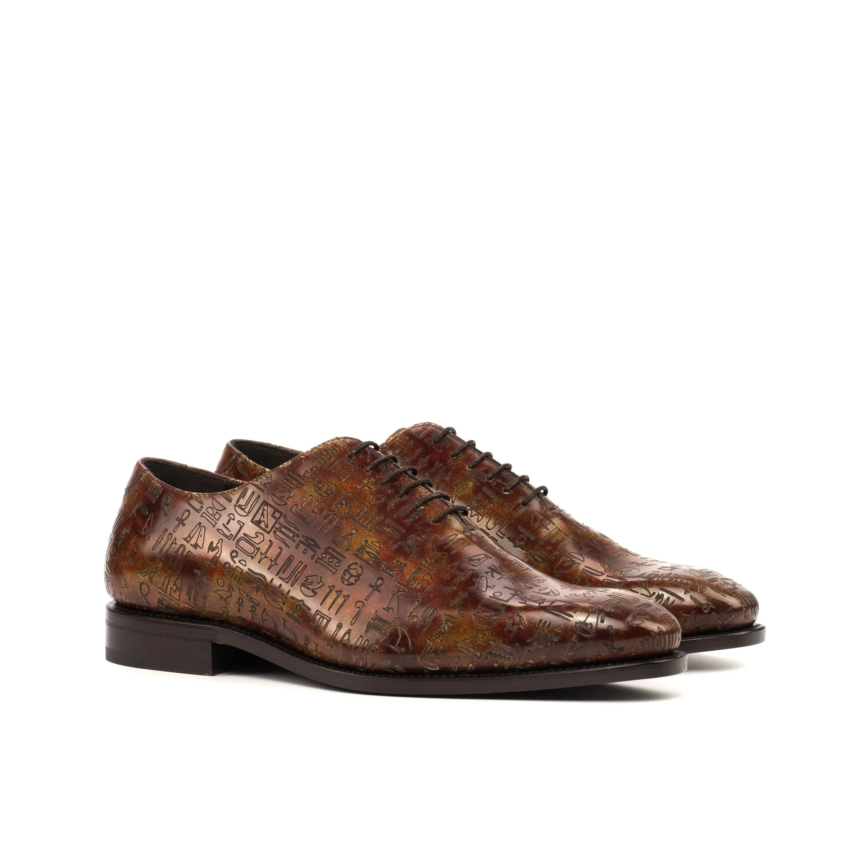 Brown Italian Crust Leather Egyptian Patina Wholecut Shoes with Hieroglyphic Pattern