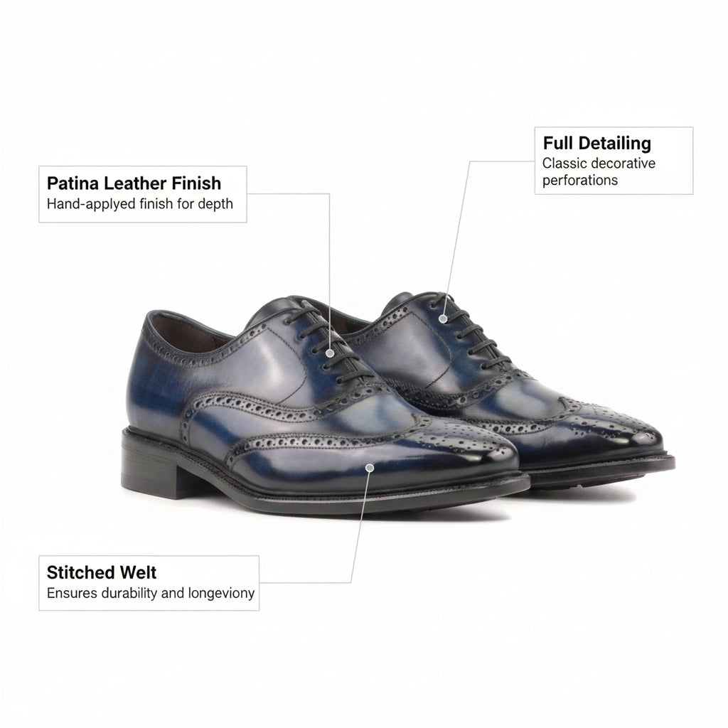 Robianza - Full brogue patina navy oxford dress shoes with purple bottoms